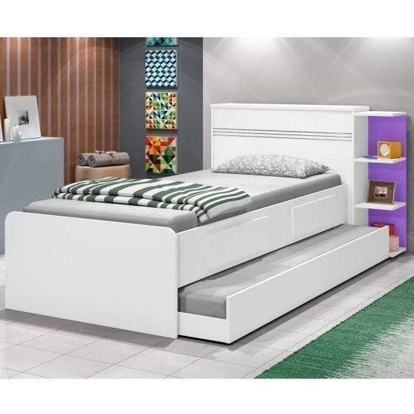 Cama Solteiro Multifuncional com Baú, 2 Gavetas e Auxiliar - 100% Madeira Maciça Branca [Jade Premium]