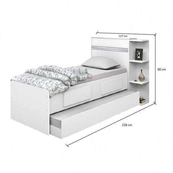 Cama Solteiro Multifuncional com Baú, 2 Gavetas e Auxiliar - 100% Madeira Maciça Branca [Jade Premium]