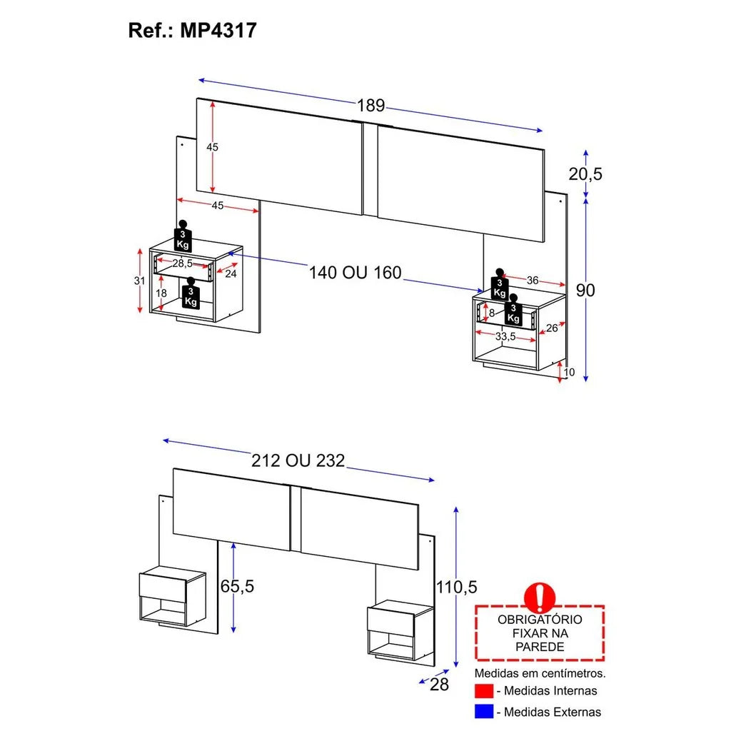 Cabeceira Extensível Casal/Queen com 2 Mesas de Cabeceira - 100% MDF [Kit Completo]