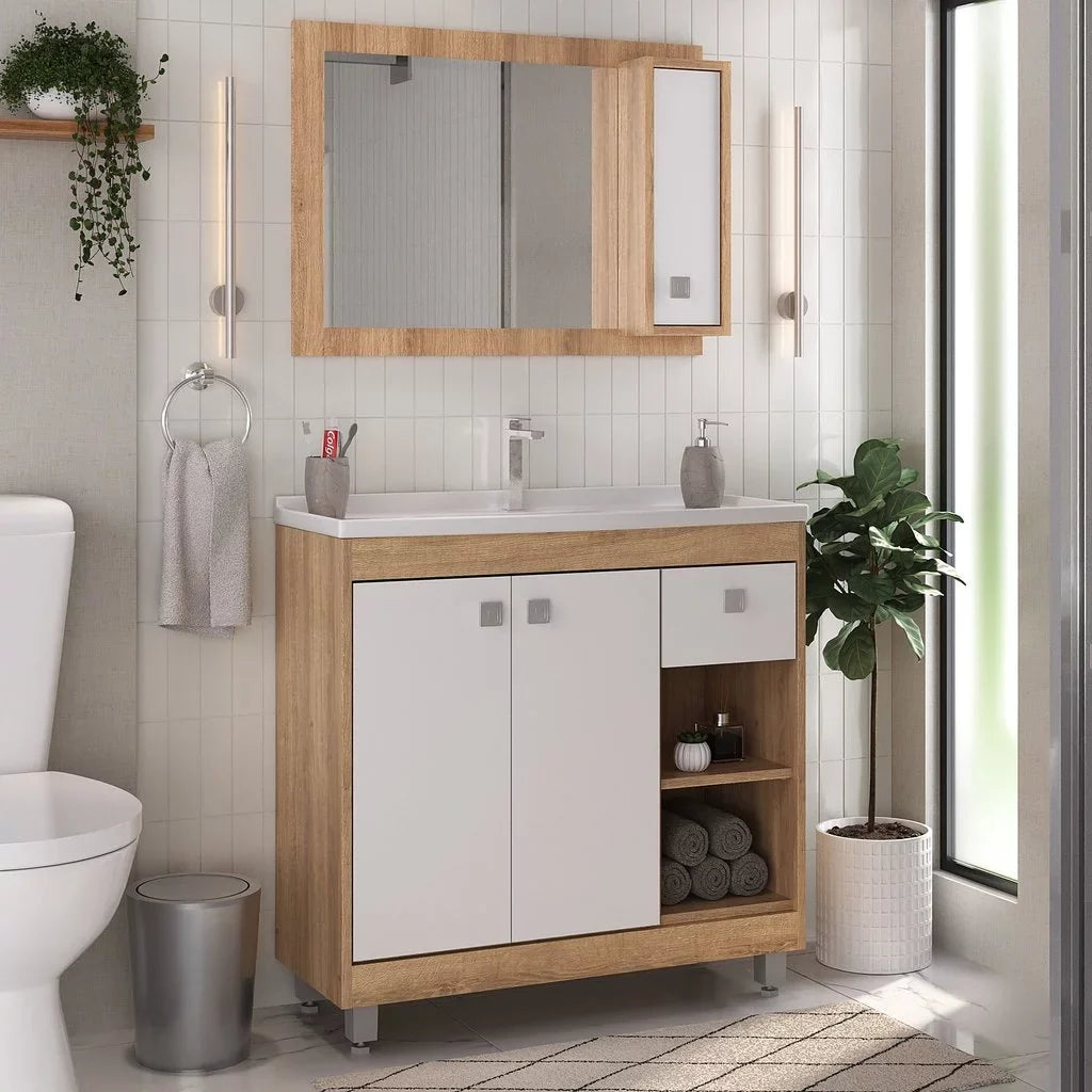 Armário Conjunto de Banheiro com Gabinete, Cuba e Espelheira 3 Portas Viena 80 cm